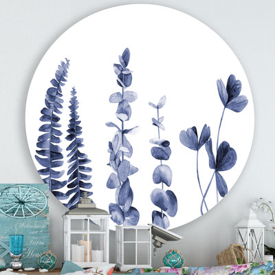 Bleu marine eucalyptus I - art mural traditionnel en cercle métallique