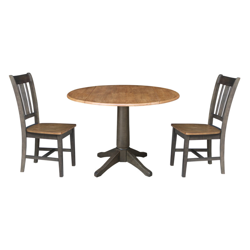 Everton 3 Piece Drop Leaf Solid Wood Dining Set, Hickory/Washed Coal