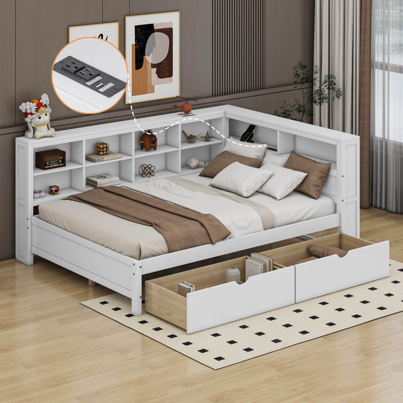 Wooden DayBed with 2 Drawers, Shelf and USB Charging Ports, Full/Double, White