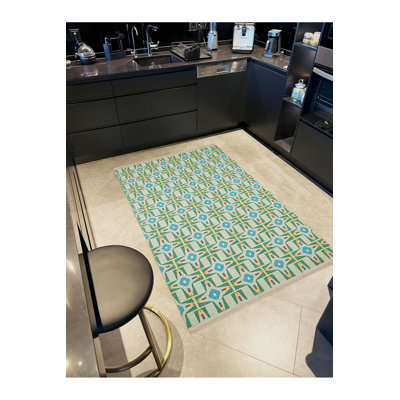 Tapis lavable à la machine à motif rétro de forme mixte bleu vert Paris Collection Paris