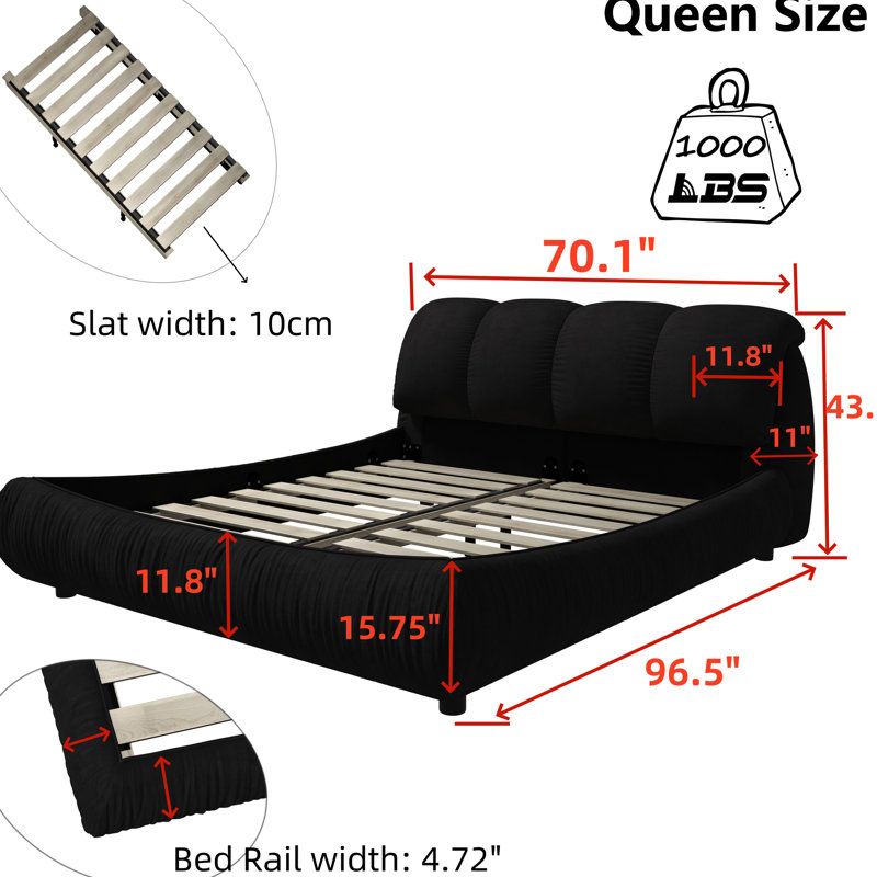 Grand lit noir, plateforme rembourrée, structure en bois massif, tête de lit ergonomique en pin avec matelas de 6 à 12 pouces, pas de couinement