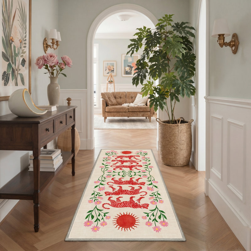 Abraham Tigris Floral Machine Washable Beige / Red Indoor Area Rug with Non-Slip Backing, Runner 2' x 7'