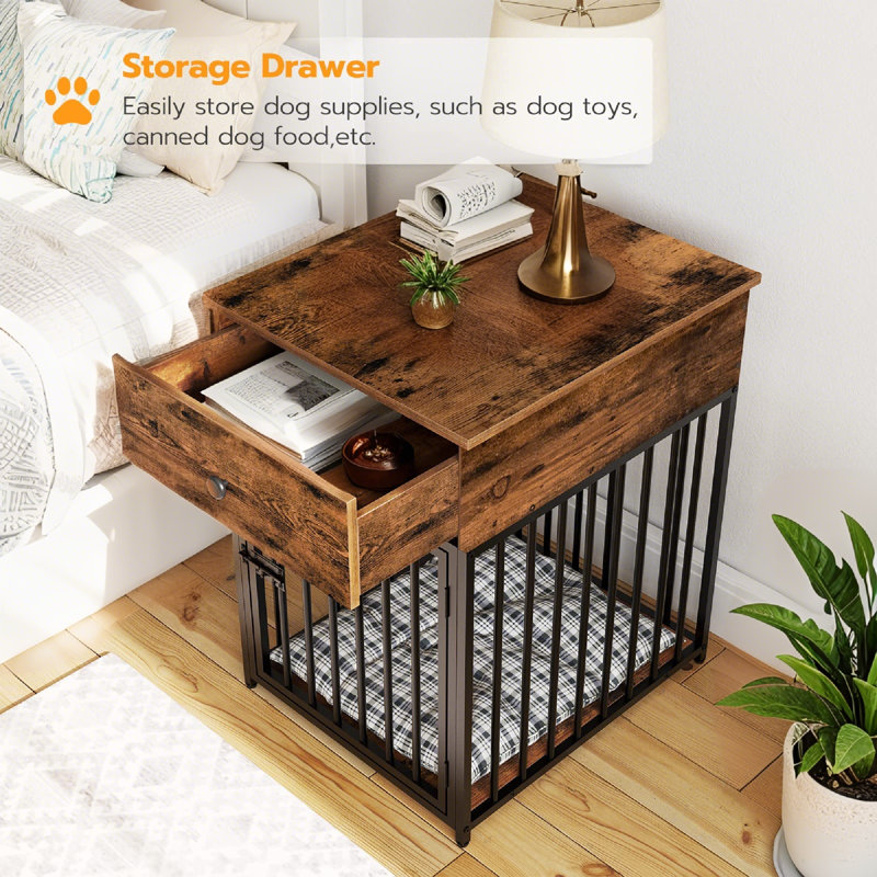 Chew-Proof Steel Dog Crate Furniture With Storage Drawer - Rustic Brown End Table Kennel For Small Dogs, 26.8" Indoor Pet House With Ventilated Design