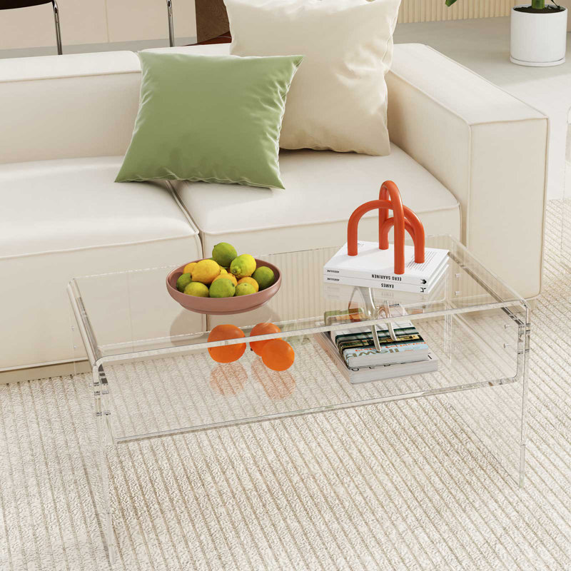  Table basse avec tablette de rangement, table de bout moderne en acrylique transparent, L 32 po x l 16 po x H 16 po, Clair