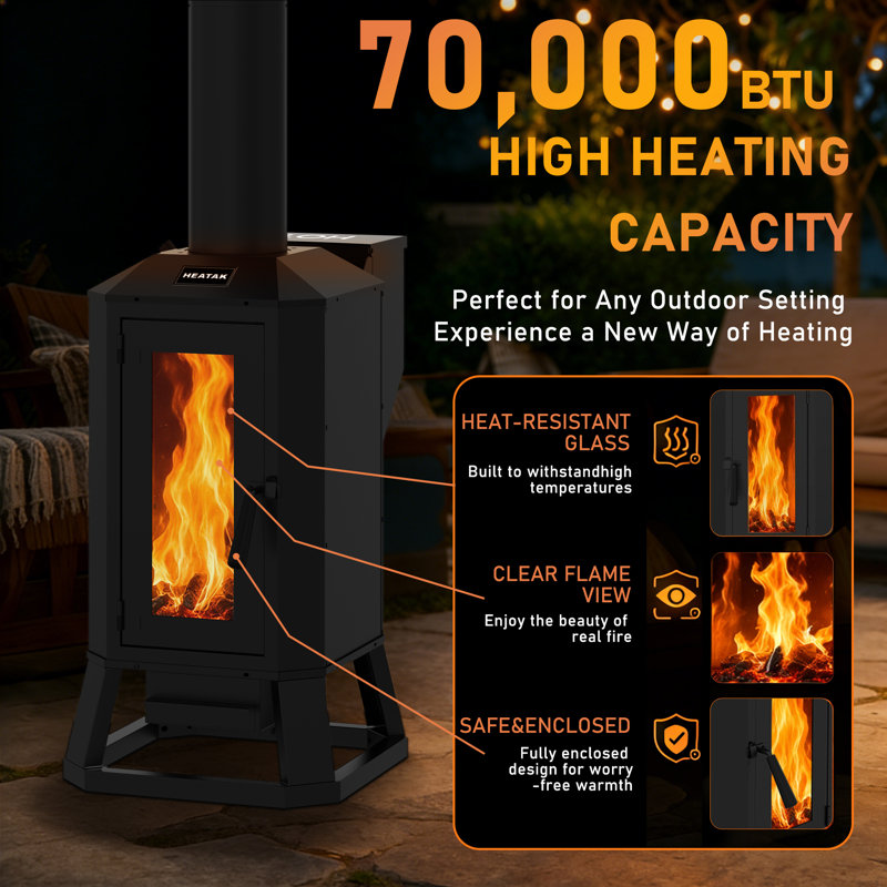70,000 BTU Wood Pellet Patio Heater with Wheels & Glass Window, Outdoor Heater for Patio, Backyard & Commercial Use