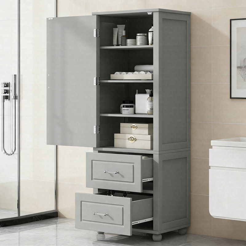 Grande armoire de rangement pour salle de bain avec deux tiroirs et tablette réglable, panneau de fibres à densité moyenne avec finition peinte pour les maisons modernes