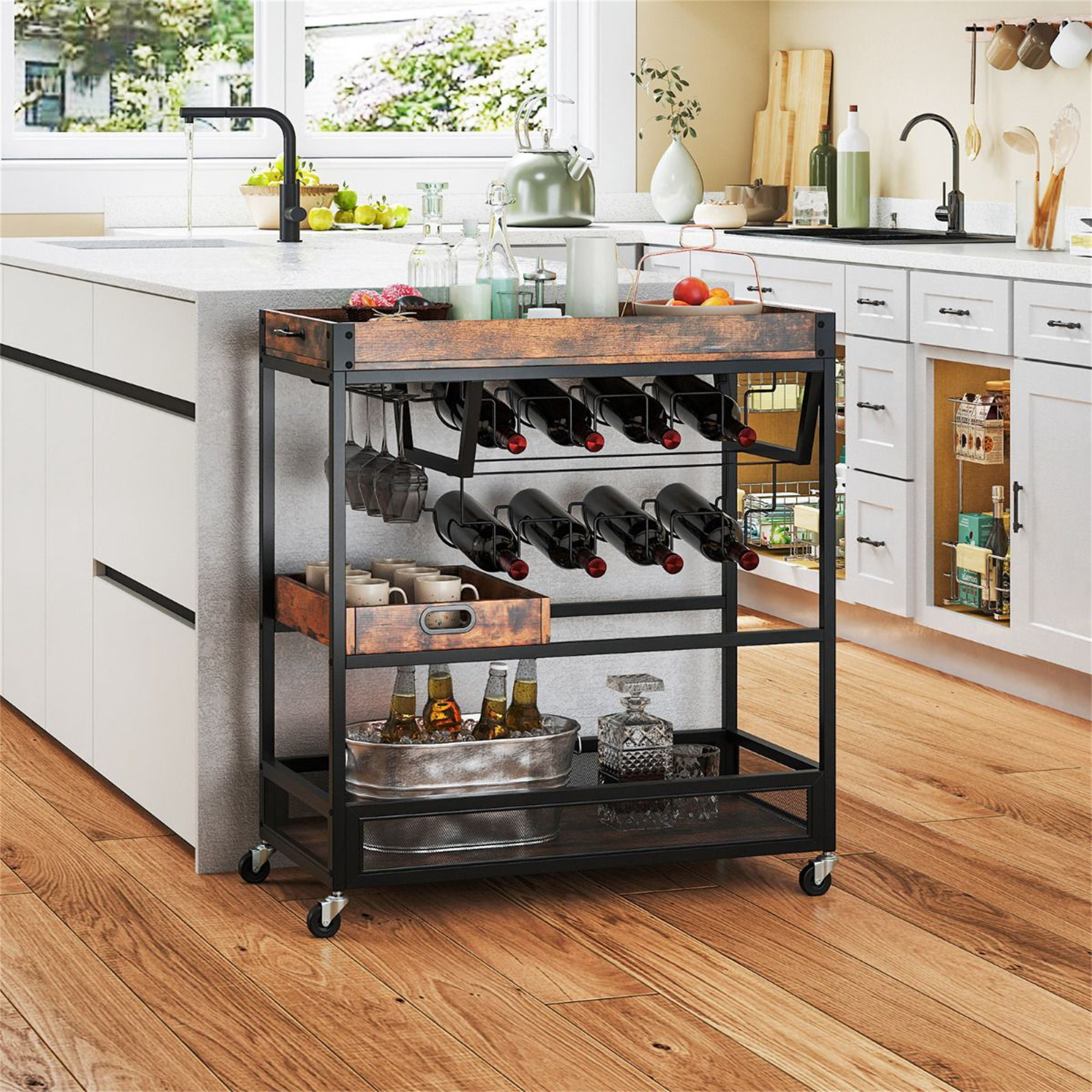 wekli Kitchen Serving Cart With Removable Tray And Wine Rack | Wayfair ...