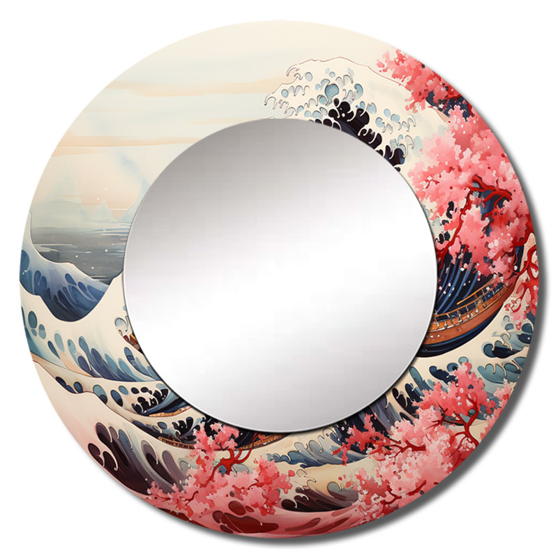 Chef-d'œuvre rose, la grande vague de Kanagawa II - miroir décoratif, miroir mural moderne, 23 po x 23 po