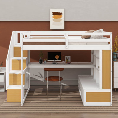 Lit mezzanine double avec bureau intégré et 2 tiroirs, lit en bois avec escalier de rangement et tablettes