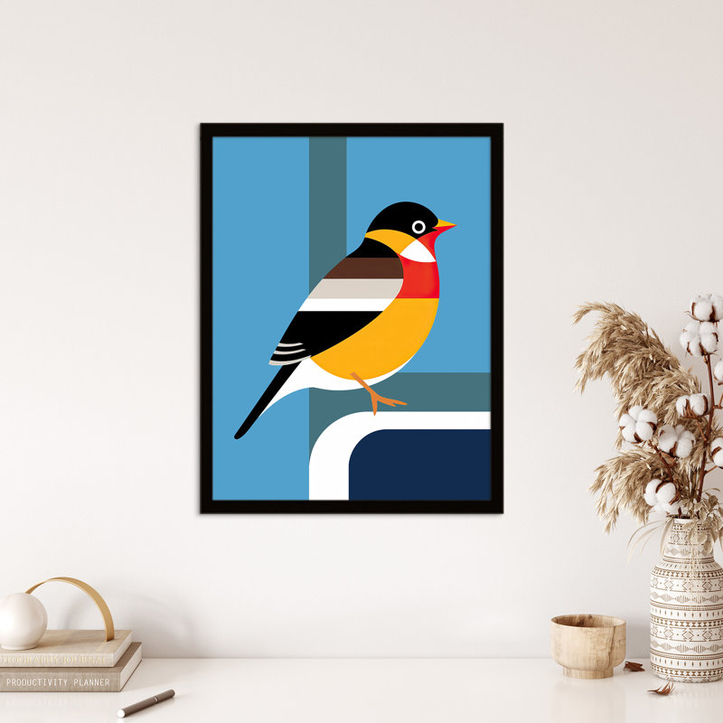 Feel Good Finch Robin Orange Blue Geometric Bird Graphic - Single Picture Frame Print