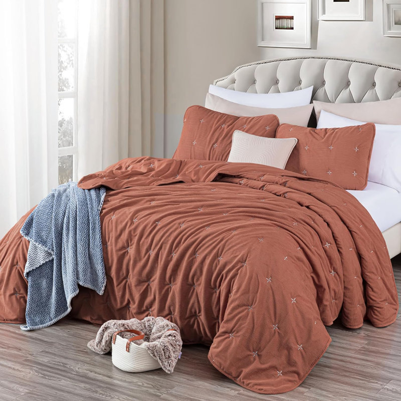  Corduroy Polyester Cross Stitch Comforter Set, King Comforter + 2 King Shams, Terracotta