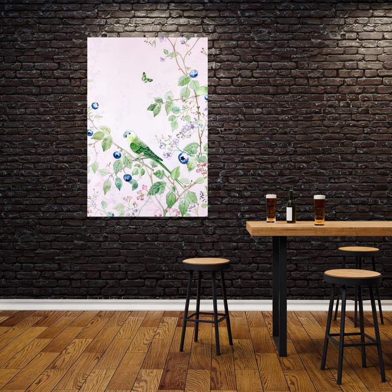 Green Parrot Blueberries Delicate Peaceful Vibrant Butterfly Bird Nature Spring Wall Art Print by Mathieu - Wrapped Canvas Print