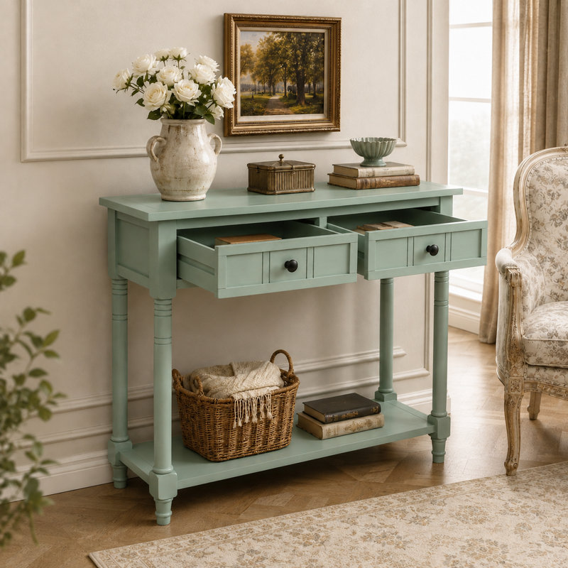 Console de style traditionnel avec deux tiroirs et une tablette inférieure, Vert menthe