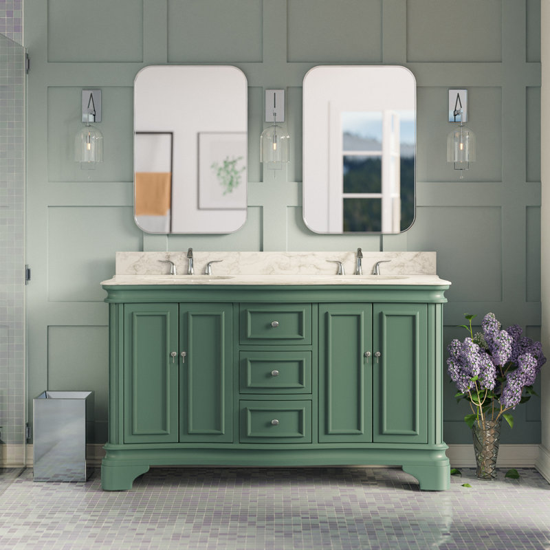 Ensemble de meuble-lavabo double 60 "avec comptoir vert sauge et comptoir en marbre de Carrare Katherine, Marbre de Carrare