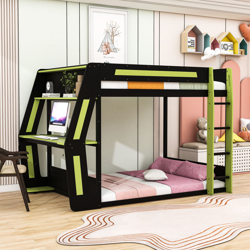 Bunk Bed With RGB Desk, USB Ports And LED Light Strip, Green
