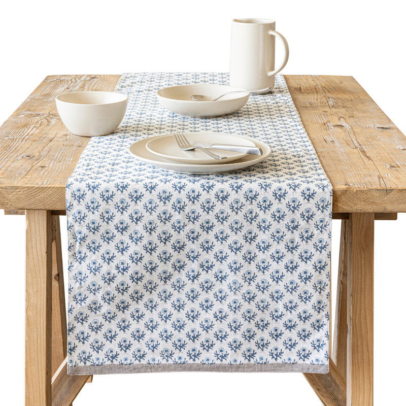 over&back Hand-Blocked Printed Cotton Table Runner, 18" W x 90" L, Blue Bloom