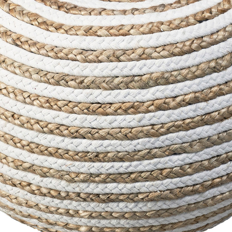 20" Cotton Blend Round Striped Pouf Ottoman, White