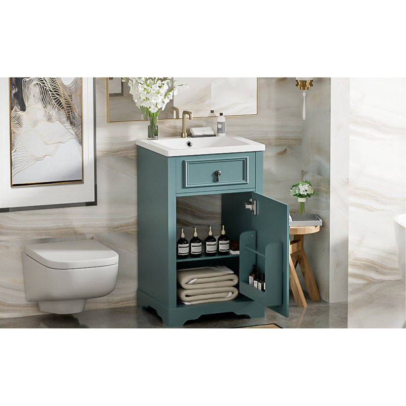 Meuble-lavabo de 20 pouces, salles de bain compactes, lignes modernes, tablette réglable, lavabo en céramique à optimisation de rangement en U avec protection contre le débordement, charnières à fermeture en douceur, rangement flexible, petites salles de bain