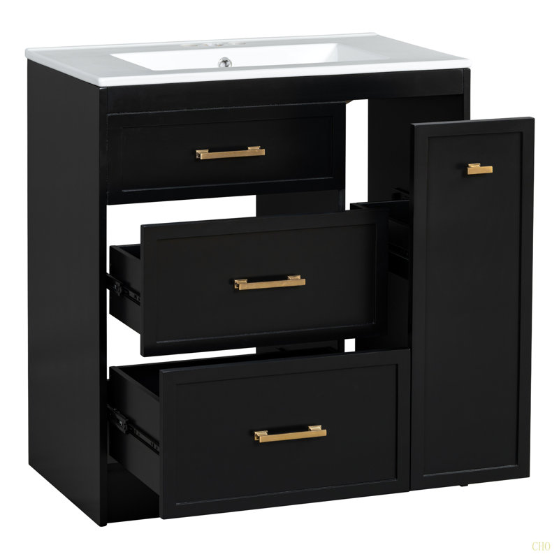 Ensemble de meuble-lavabo classique de 30 po, à fixation au sol, avec trois tiroirs, dont un tiroir à double couche, avec de longues poignées - parfait pour les petites salles de bain