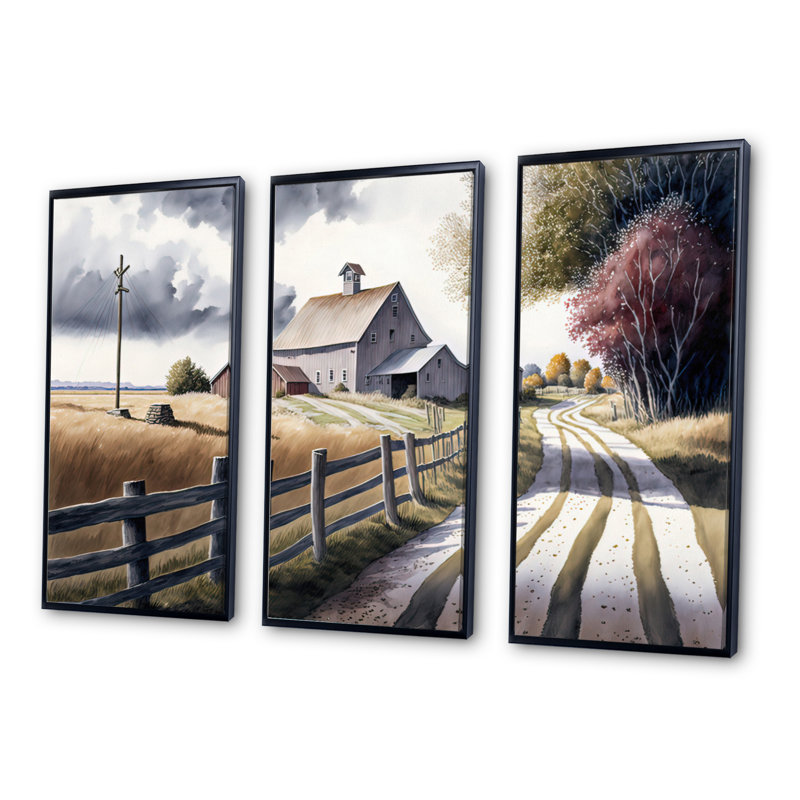 «Path To The Barn V», reproduction sur toile 3 pièces, Cadre noir, H 28 po x l 36 po x P 1 po