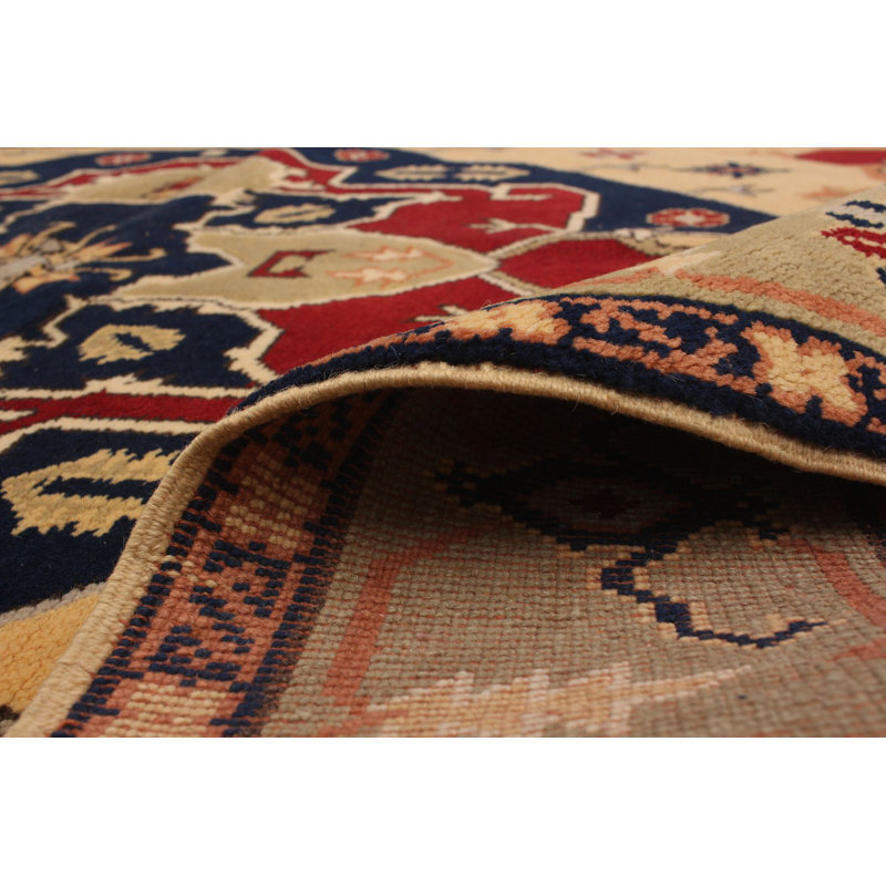 Tapis décoratif en laine de conception unique noué à la main des années 1980 5 pi 4 po x 7 pi 7 po Beriguette en jaune/crème foncé/bleu foncé