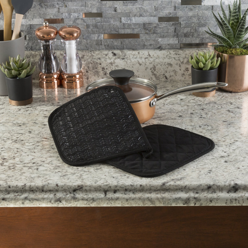 Pot Holder with Silicone Grip, Quilted, and Heat Resistant by Lavish Home, Black