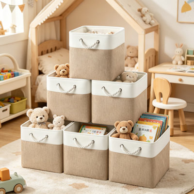 12x12 Storage Cube Bins, 6 Pack Reinforced Bottom Cardboard Foldable Boxes, Heavy Duty Closet Organizer Baskets for Shelves, Home Storage Solution, White Khaki