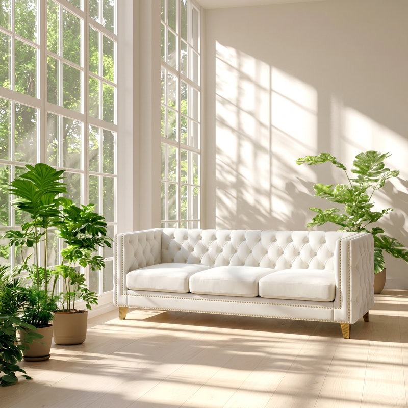 Chesterfield 80.5" W x 30.5" D x 29" H Velvet Button Tufted Sofa, 29" H x 80.5" W x 30.5" D, White Cotton