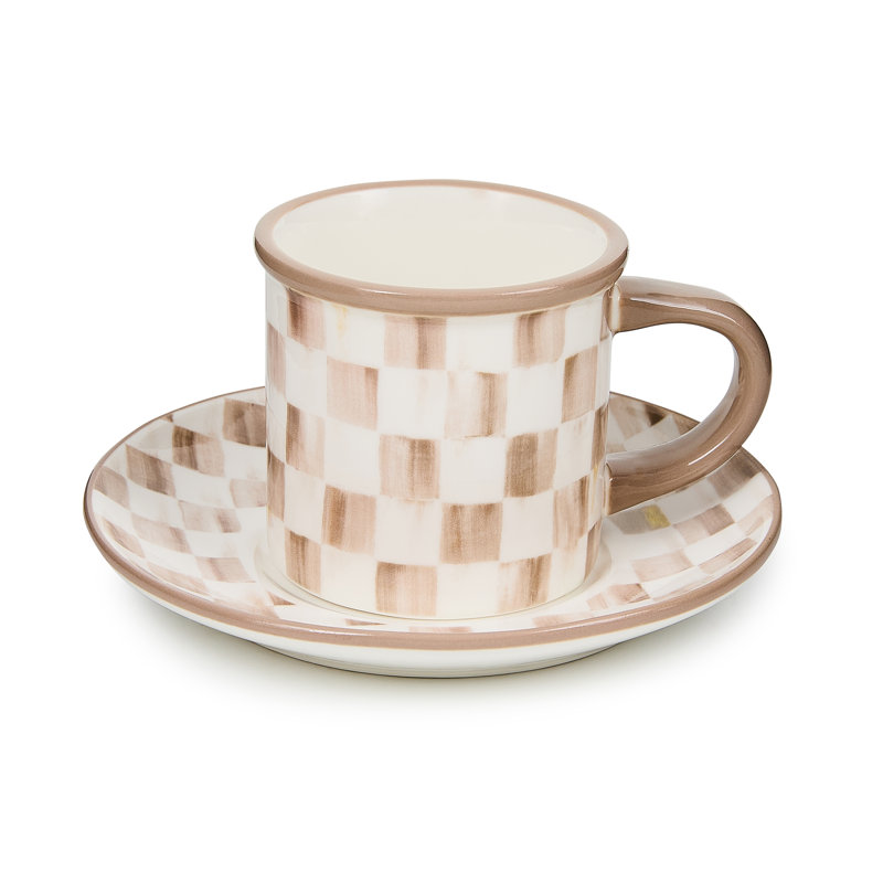 Sterling Check Stoneware Espresso Cup and Saucer, Brown/White, Set of 2