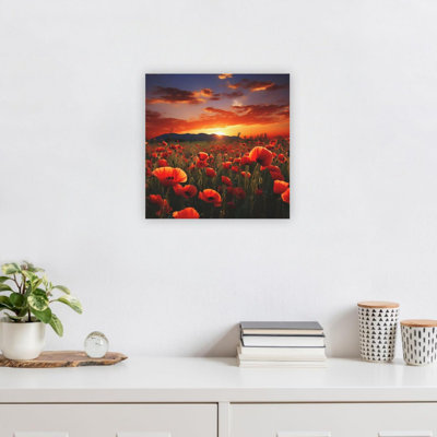 Impression sur toile 24 po x 24 po, champ de coquelicots rouges au coucher du soleil, impression sur toile pour chambre à coucher