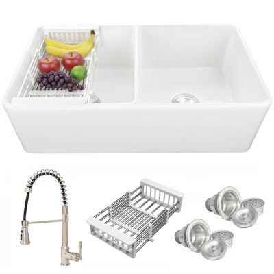 White Fireclay 33 in. Double Bowl Apron-Front Kitchen Sink with Faucets, Basket Strainer