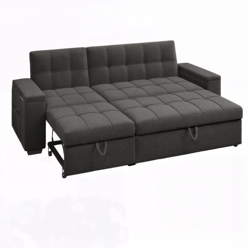 Canapé-lit convertible 3 en 1 avec lit escamotable et dossier inclinable, canapé modulaire en L avec méridienne, larges accoudoirs de rangement et poches latérales pour le salon
