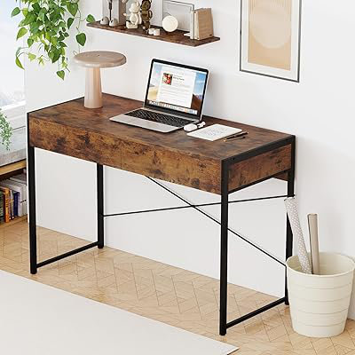 Bureau d'ordinateur moderne et simple avec structure en métal robuste, poste de travail pour adultes, Chêne gris
