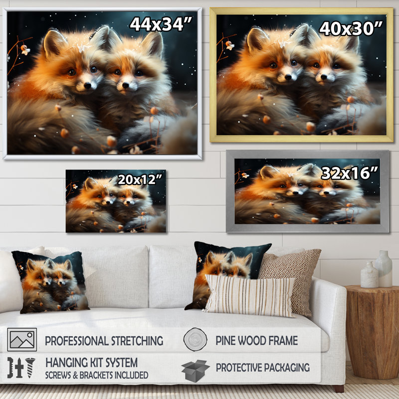 Printemps, renards mignons, regard II - renard, art mural animal, H 34 po x l 44 po x P 1,5 po, Cadre d'angle fermé noir