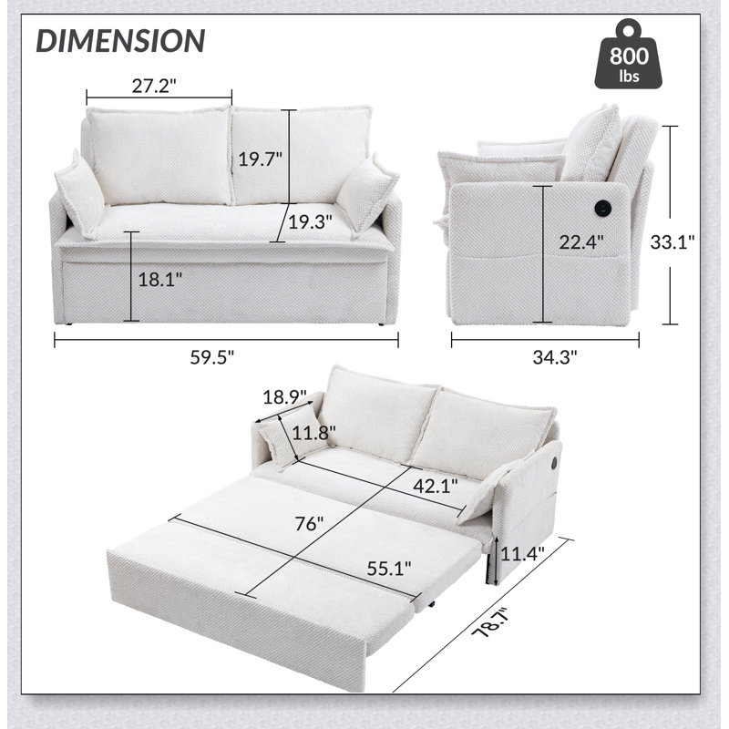 Canapé-lit convertible polyvalent avec rangement latéral et ports de charge perfectionnés pour toutes les pièces, Blanc