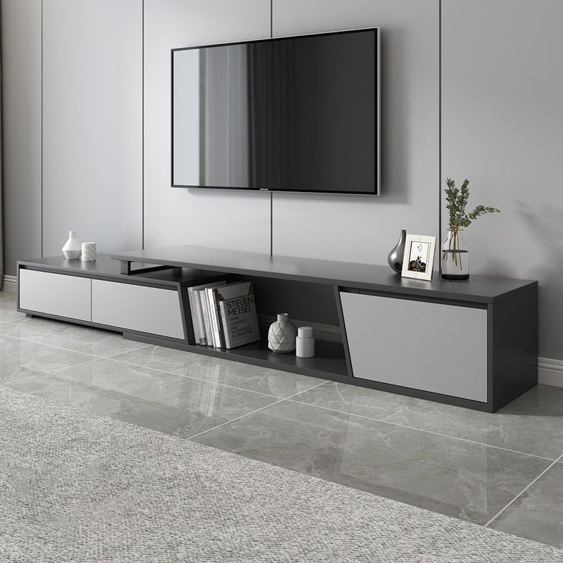 Extendable TV Stand with 3 Storage Drawers, Fits Living Room or Bedroom, White/Grey