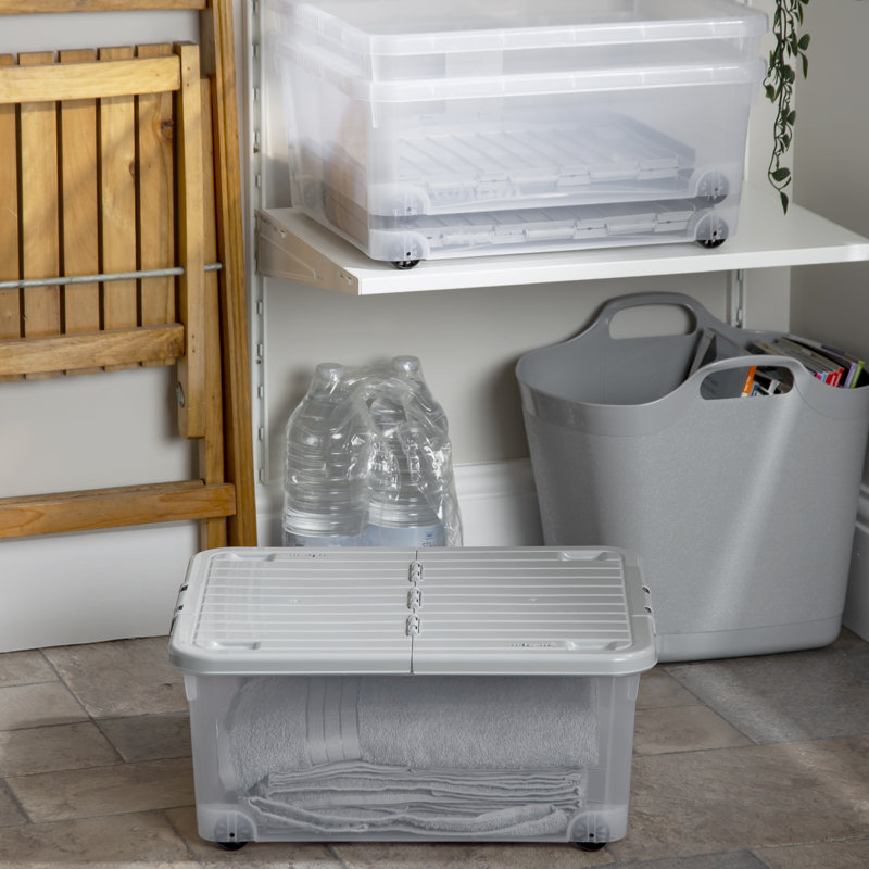 Wham 30L Plastic Storage Box with Wheels and Folding Lid Pack of 3 Clear/Cool Grey