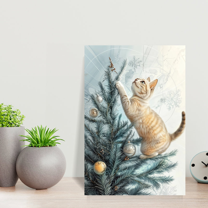 Playful Christmas Kitten Playful Abstract Contemporary Christmas Tree Pine Tree Cat Winter Landscape Wall Art Print 1 Piece Wrapped Canvas Wall Art