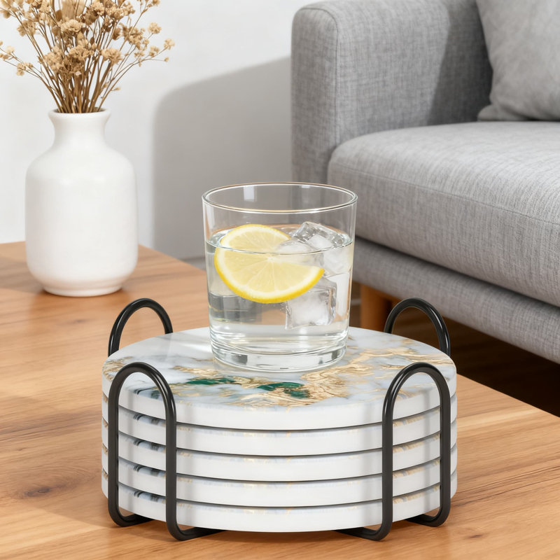 Ensemble de 6 sous-verres en céramique absorbants avec support et base en liège, design élégant en marbre pour la cuisine et la maison