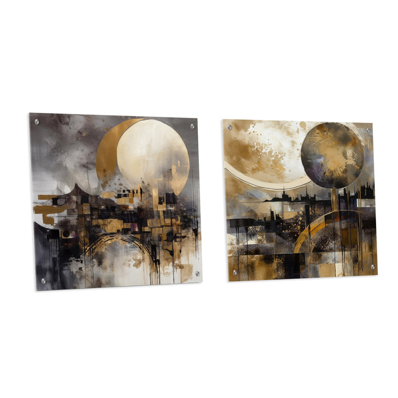 Exploring The Evolving Golden Moon I - Landscape Modern Acrylic Wall Art Glass Set Of 2, 36" H x 73" W