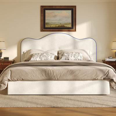 Grand lit plateforme tapissier, beige
