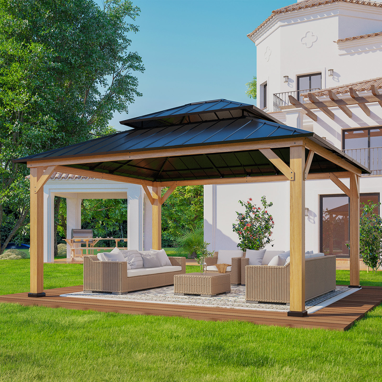 EAGLE PEAK Permanent Wood Gazebo 15 Ft. W x 13 Ft. D Patio Gazebo