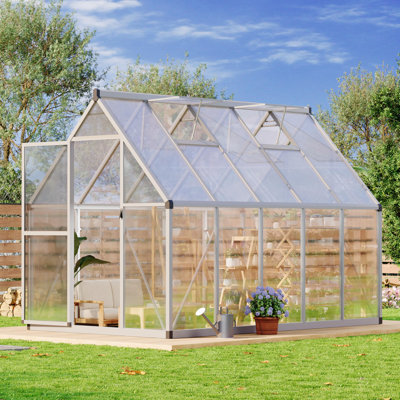 Serre en polycarbonate d'aluminium robuste de 6 pi x 9 pi - Portes doubles battantes, évent de toit, gouttière, résistant aux vents forts, installation rapide pour le jardin extérieur (argent)