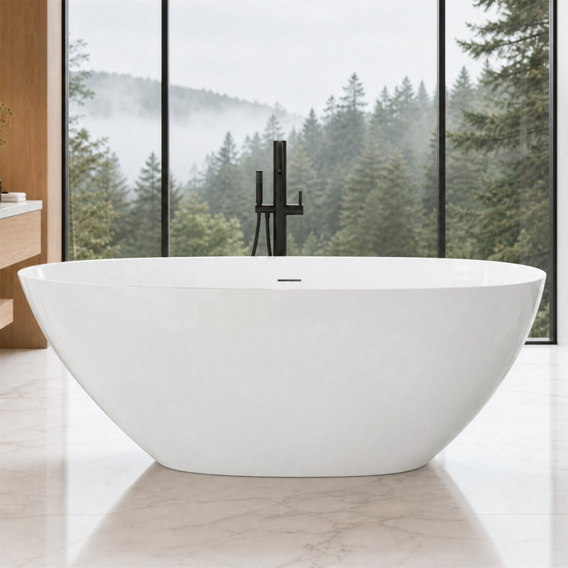 59" Solid Surface Freestanding Bathtub, Glossy White Stone Resin, Deep Soaking, Ergonomic Curve, Pop-Up Drain