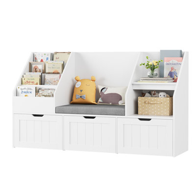 Bibliothèque pour enfants 3-en-un à 3 tiroirs, l 55,1 po x H 31,5 po, coussin moelleux, bibliothèque à 4 couches, coin lecture