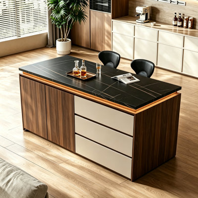 Luxury Kitchen Island with Marble Top, Large Countertop, Built-In Storage Cabinet, Hidden Handles, Freestanding Kitchen Workstation for Meal Prep and