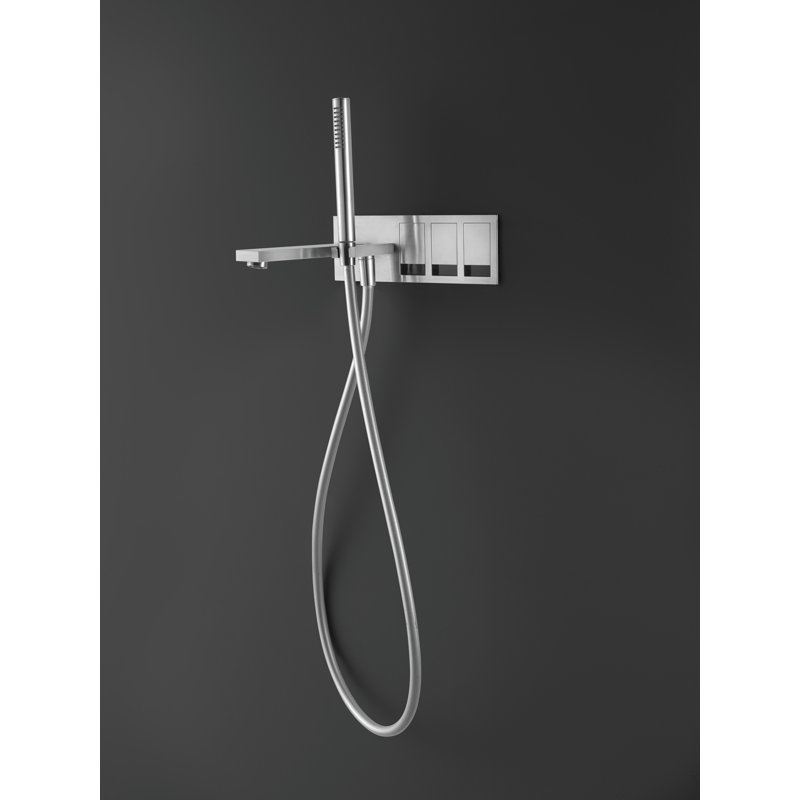 Acquaco Linki Tek Wall Mount Four-Hole Bathtub Faucet with Hand Shower with 8-3/8'' Spout Reach, Polished Black PVD