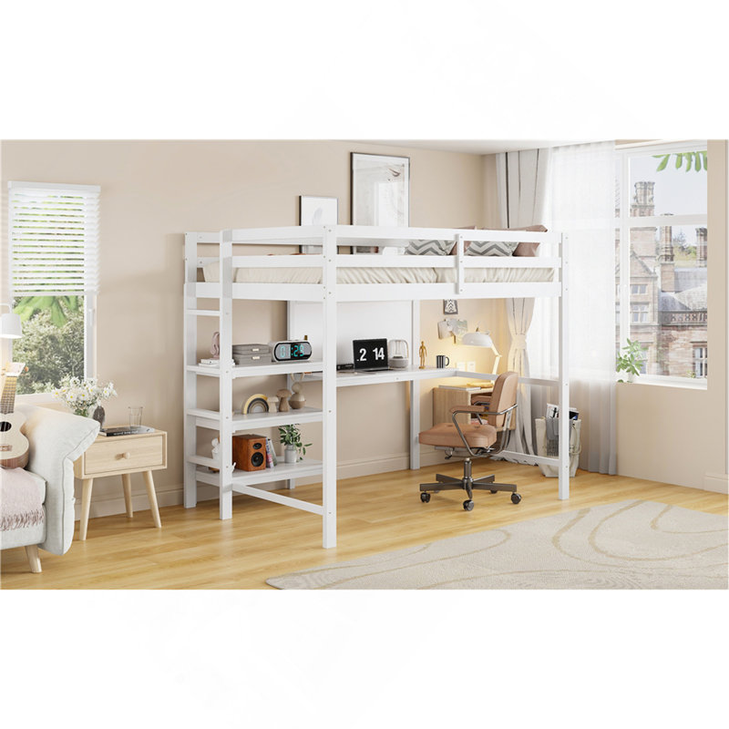 Lit mezzanine simple en bois avec tablettes, bureau et tableau d'écriture, Blanc