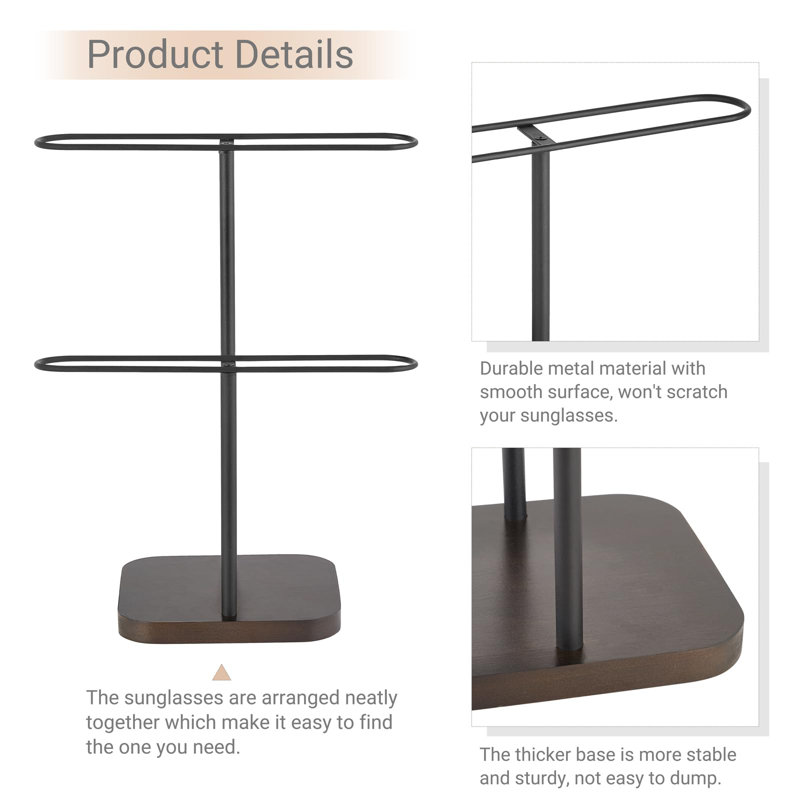 Support à lunettes de soleil pour 24 paires de lunettes, support de rangement pour lunettes de soleil à 2 niveaux avec cadre en métal et base en bois, noir