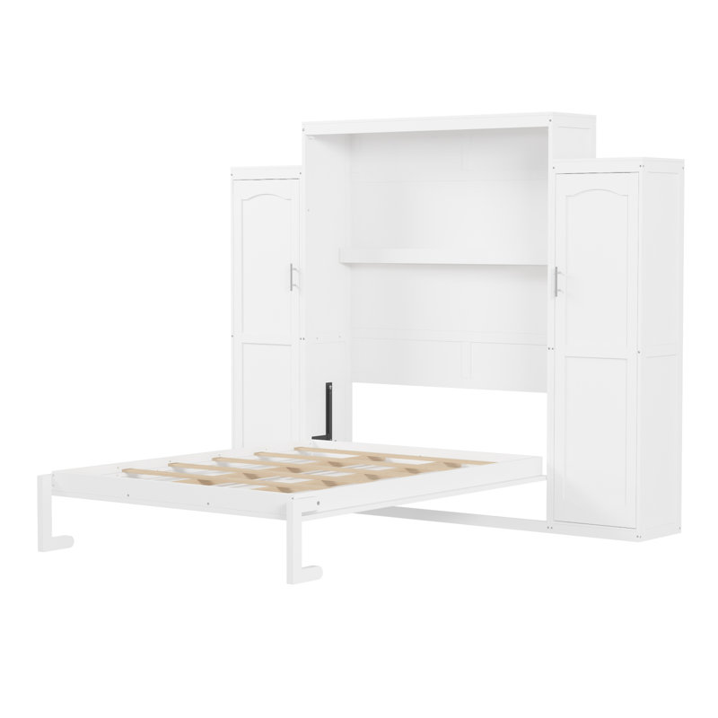 Grand lit escamotable avec 2 garde-robes et tablette de rangement, cadre de lit plateforme pliable multifonctionnel pour chambre d'amis, chambre à coucher, blanc